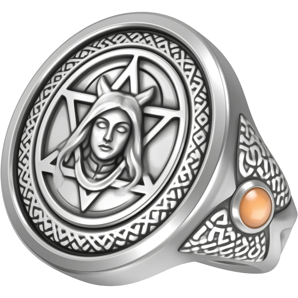 I need a ring representing an umbra pontifex, a dark priestess. It is a mysterious occult symbol, fit for a warlock. Embossed with details and maybe a gem. The color scheme is silver, a pastel orange and salmon color emoji