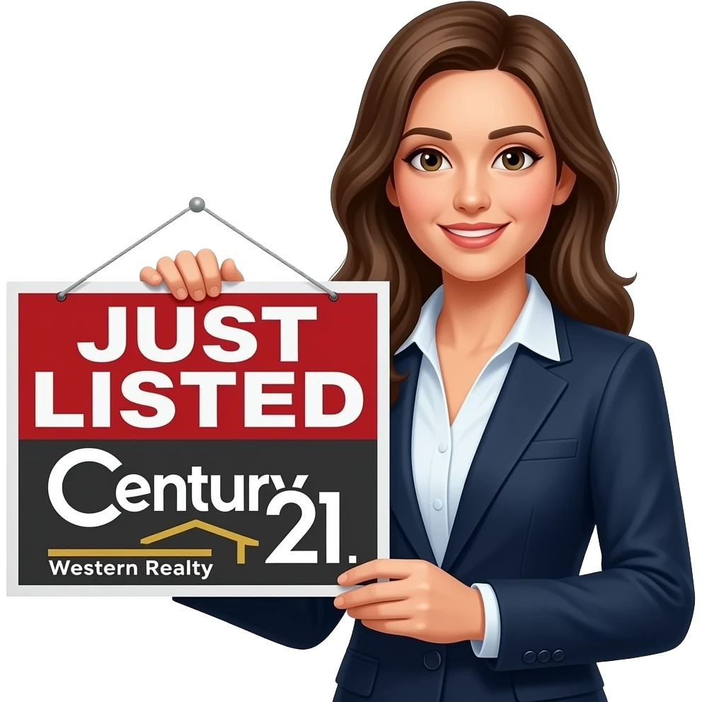 Female real estate agent holding just listed that works for Century 21 Western Realty emoji