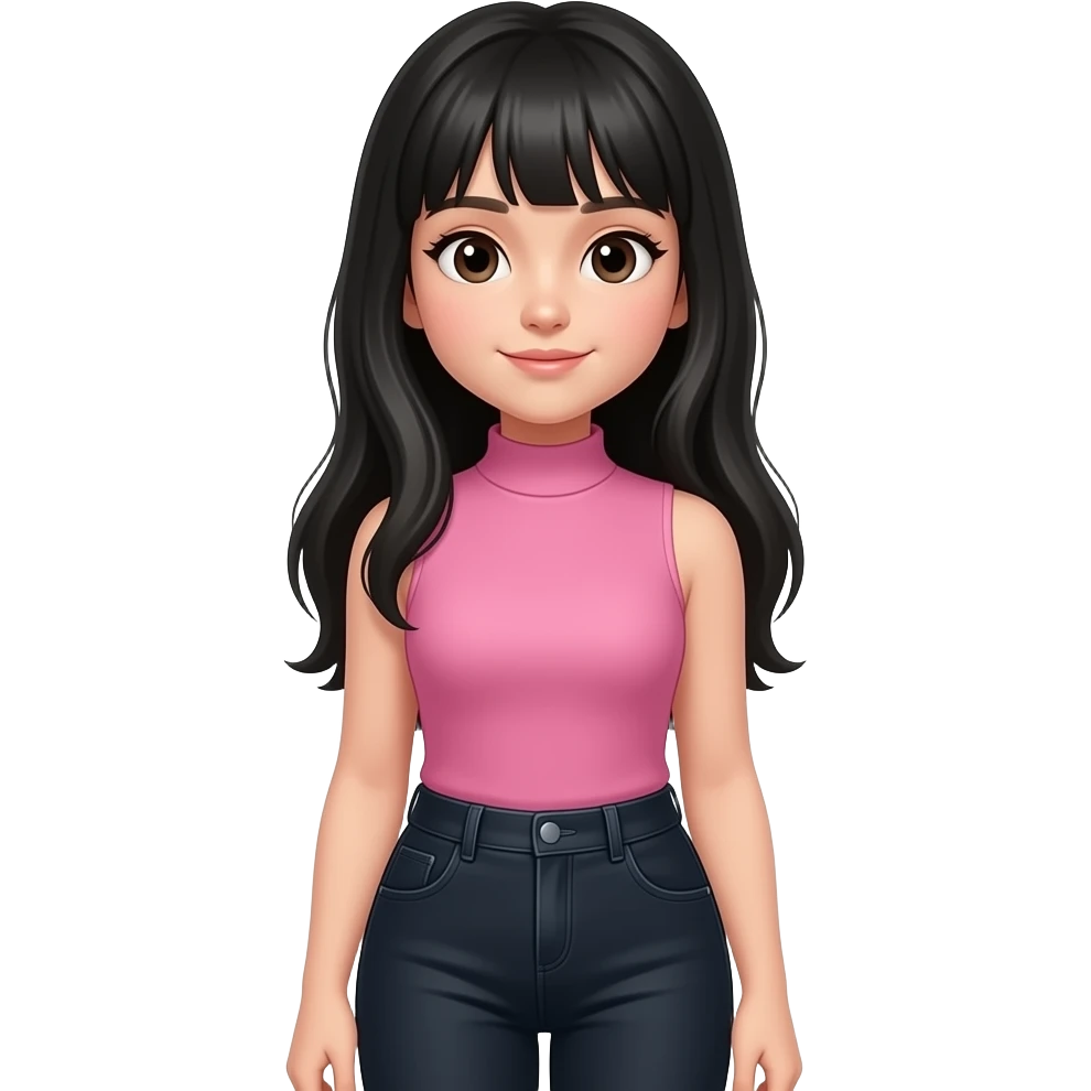 Teenage girl with long black hair wearing a pink sleevless turtleneck top and long black jeans emoji