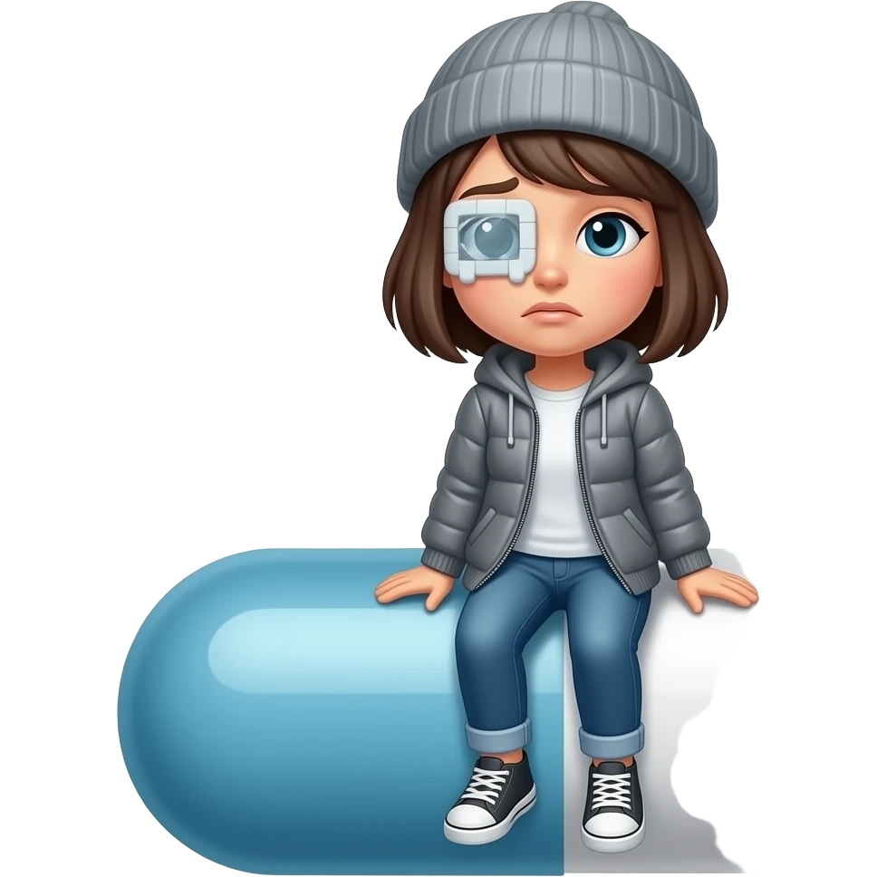 Tomgirl with short hair and beanie is shaking as if very cold. The shaking is indicated by a shimmering outline. She is sitting on a giant round Adderall pill.  She had one injured eye. emoji