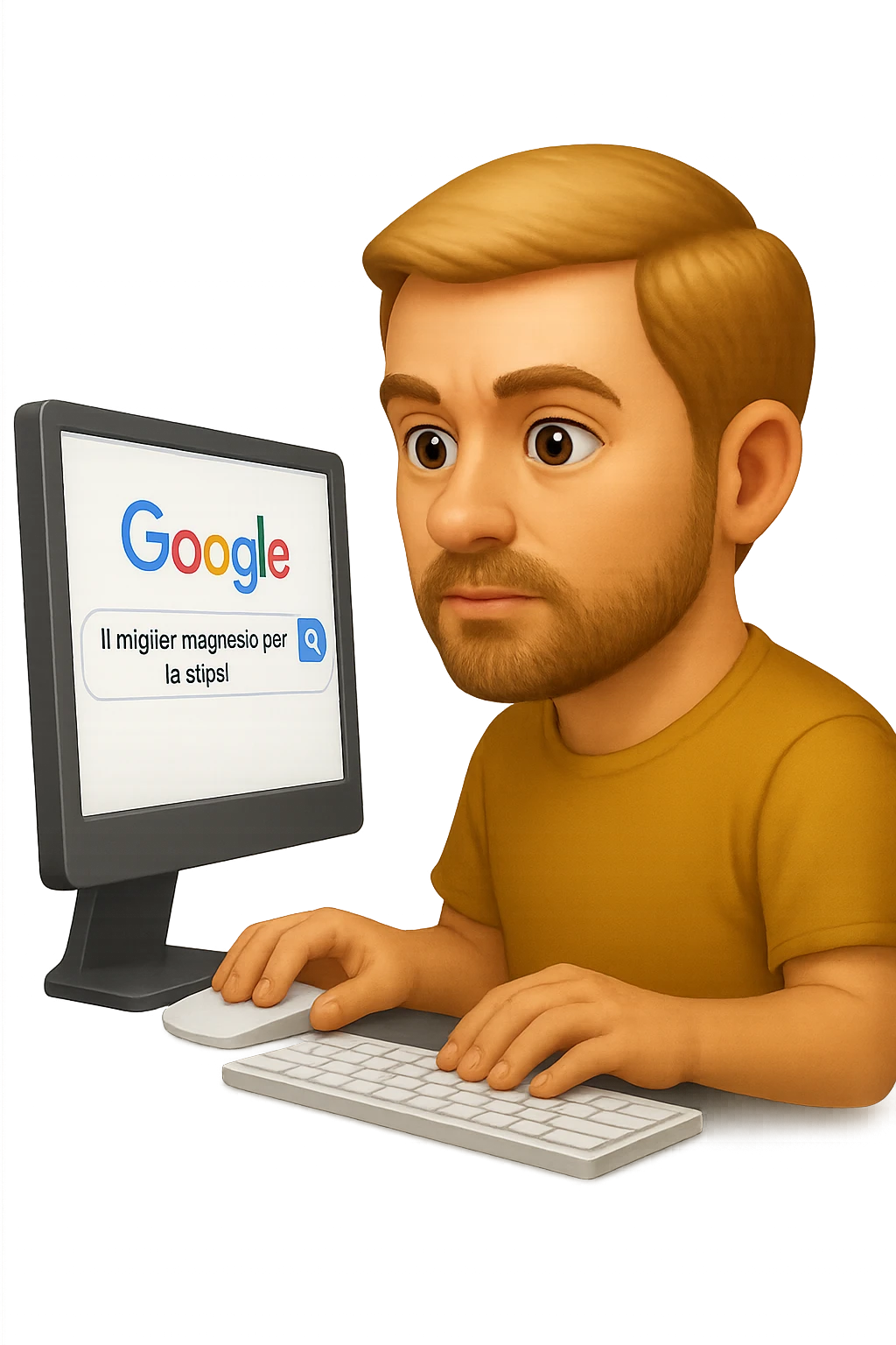 emoji stile iphone di un uomo davanti al pc che cerca di google: "Il miglior magnesio per la stipsi", iperrealistico 4k emoji