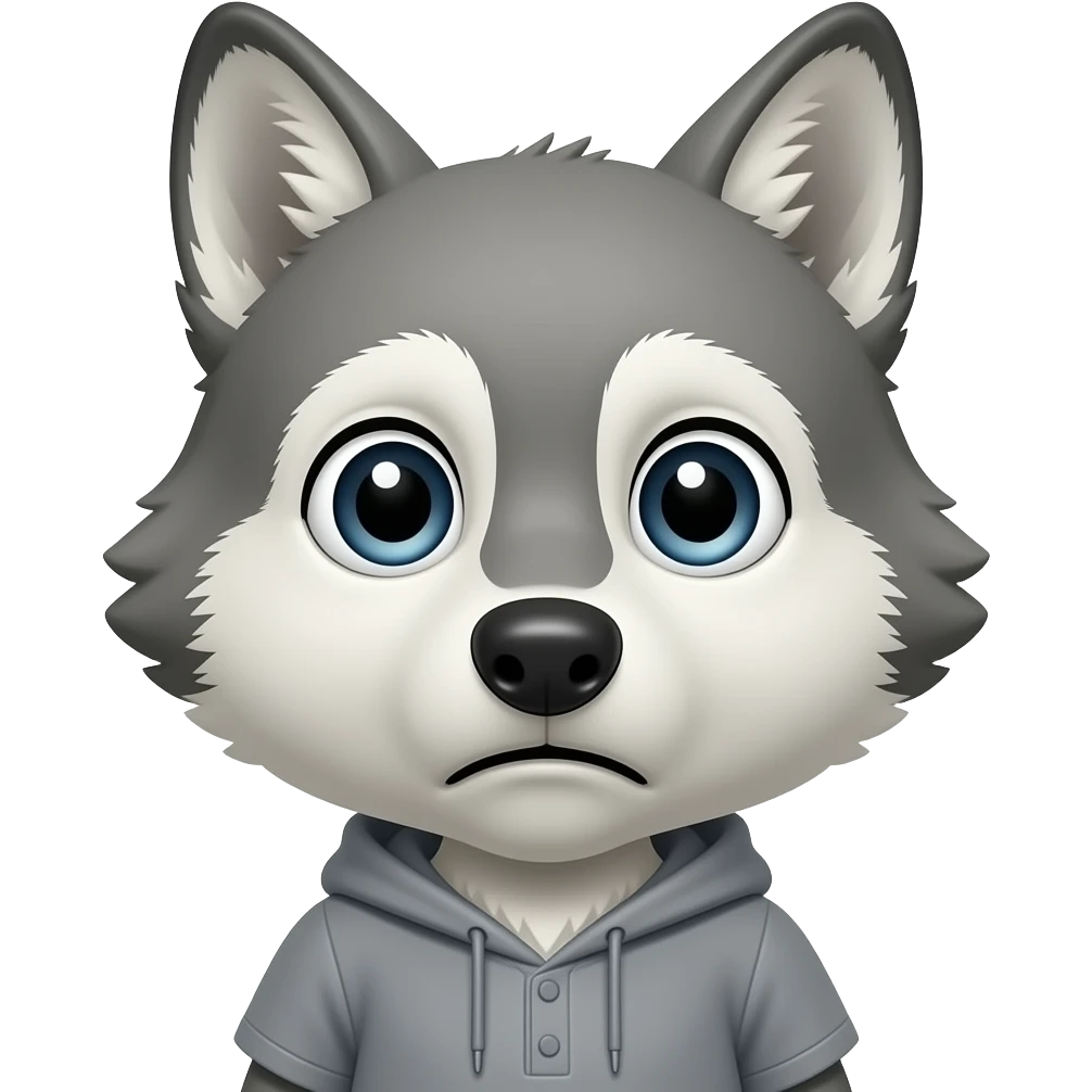 A little gray wolf shaped like a little human, dressed in gray, looking at us because he's scared. emoji