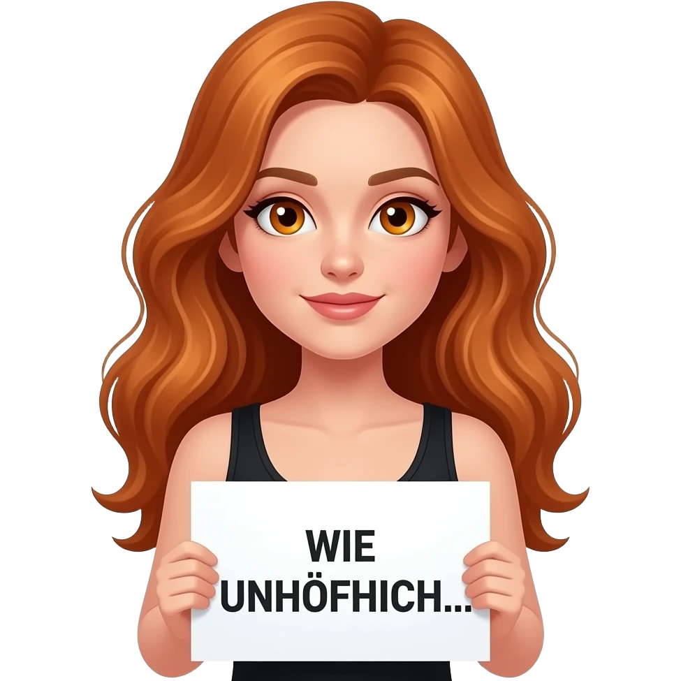 sexy girl with long wavy ginger hair and ginger eyes wearing a black tanktop is holding a white sign with WIE UNHÖFLICH... written on it emoji