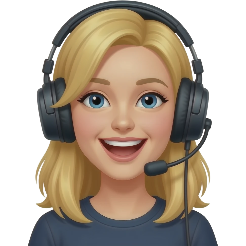casque jeux, femme, blonde, cheveux mi-long rigole emoji