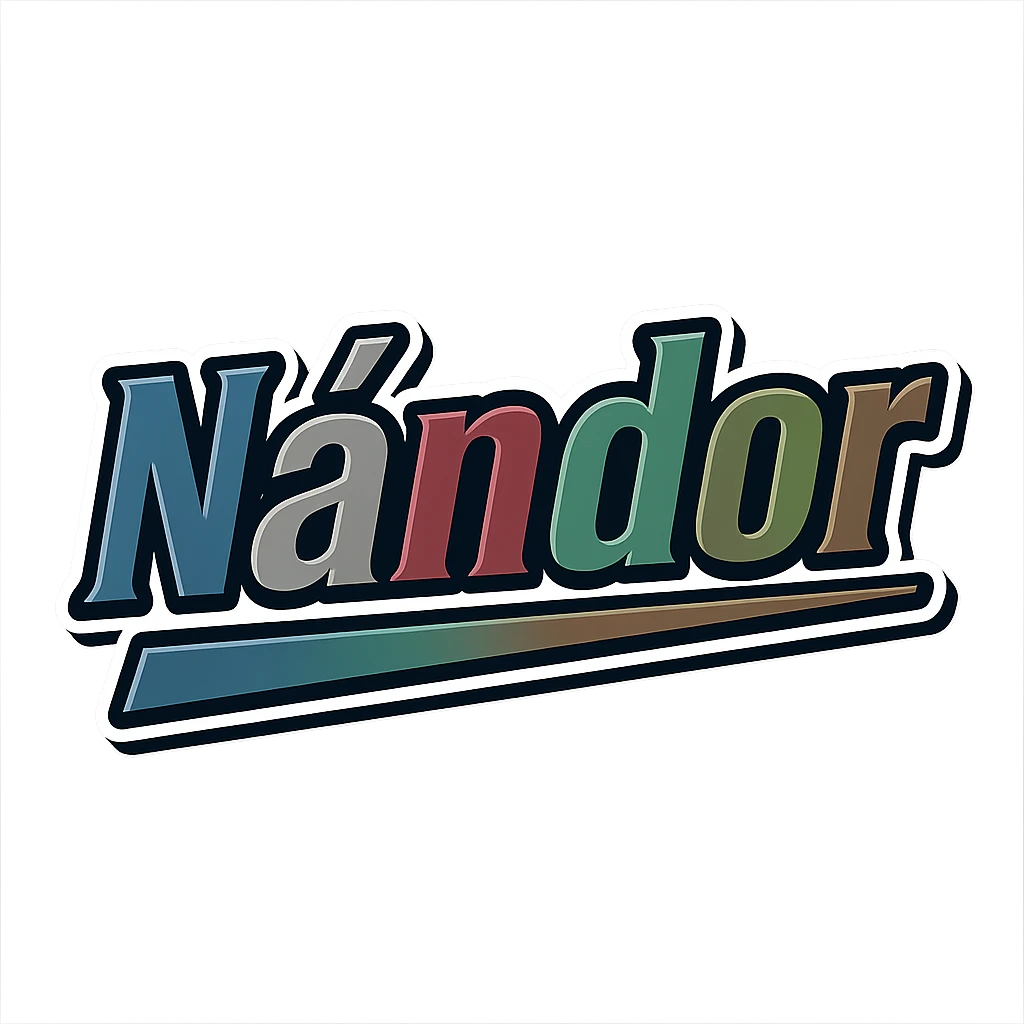 Nándor name in masculine, modern, gradient font with precise Hungarian characters, dark outline, extra thick, prominent white border as in reference images, dynamic slanted underline, masculine color shades (blue, gray, burgundy, green, brown), 1000x1000 px, PNG, transparent background emoji