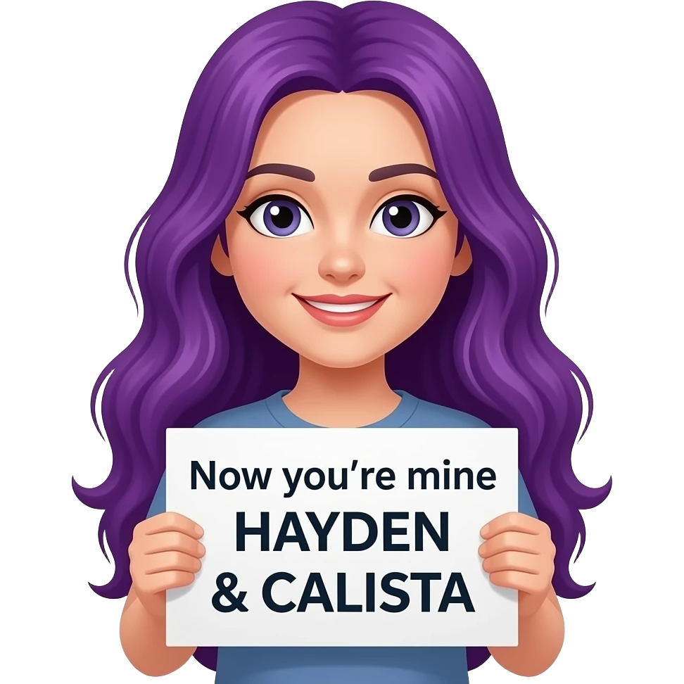 girl with long purple hair holding a Now you're mine HAYDEN & CALISTA sign emoji
