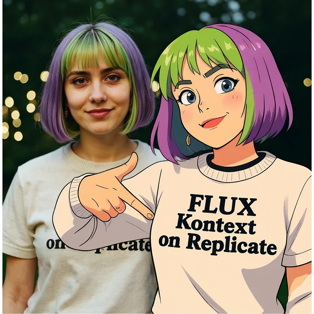 make a image of a girl with a anime version of that girl beside her wearing tshirt with text of FLUX Kontext emoji