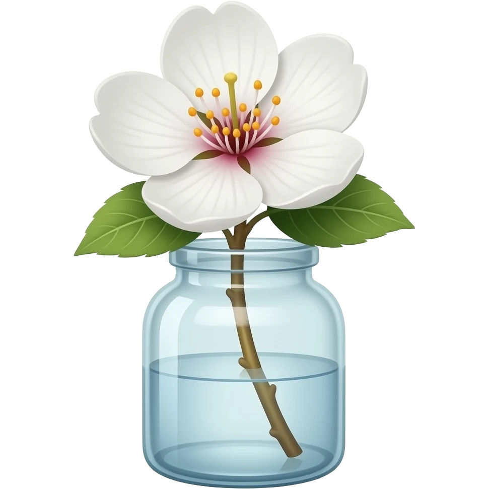 white Realistic big sakura flower stem in a transparent jar vase emoji