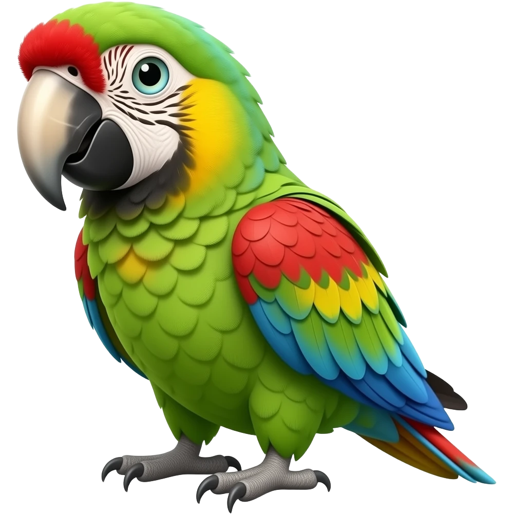 3d parrot full body, bright green red blue, extremely glossy, vibrant high contrast, facing front, white background emoji