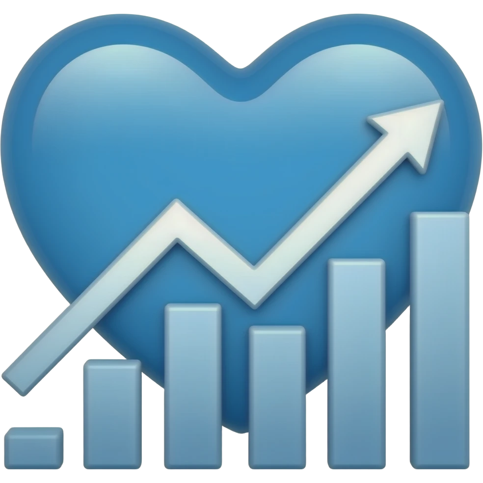 On the left: a whole blue heart. On the right: a growing economic chart in the form of an arrow emoji