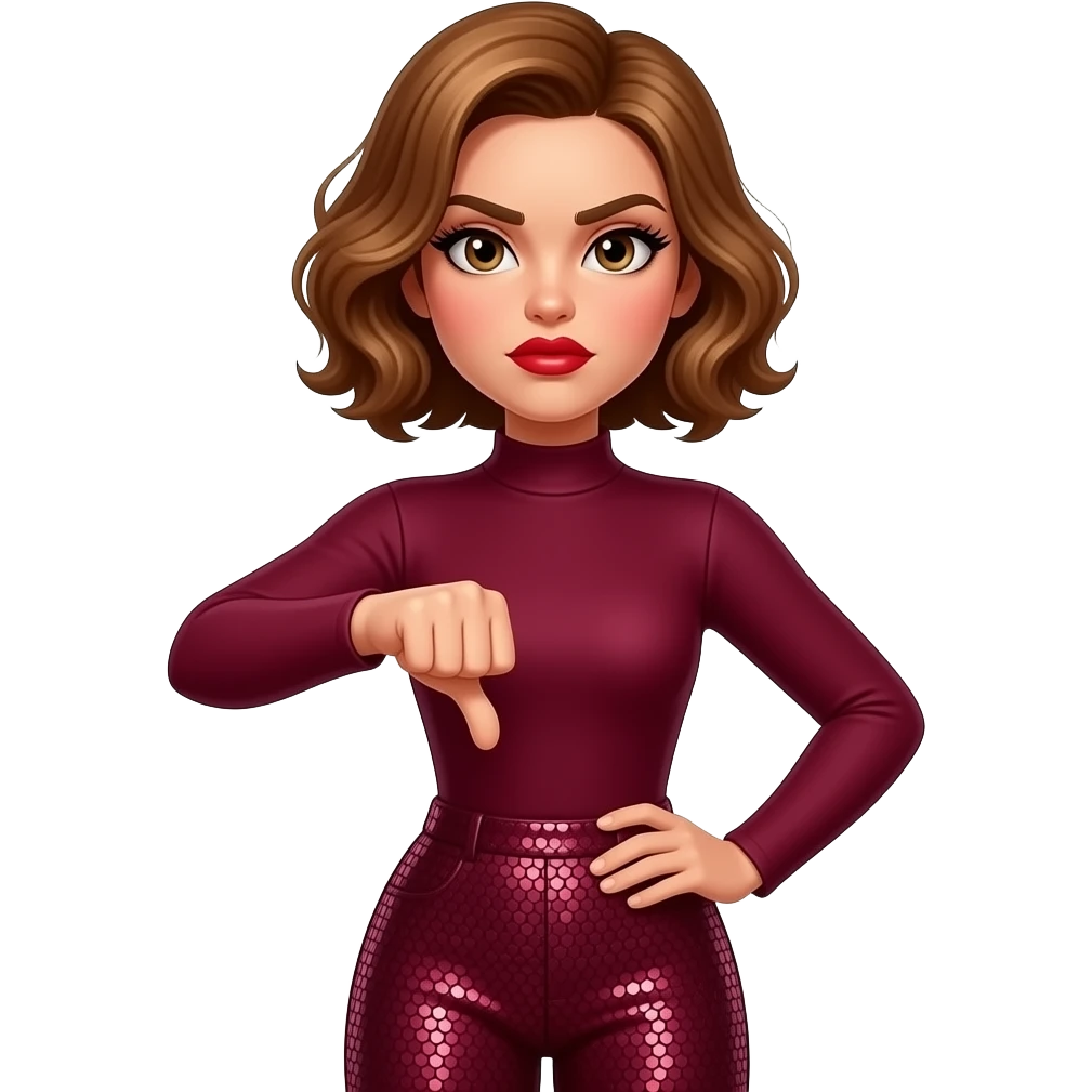 glamours,-tanned,-very-beautiful-woman-with-big-plump-red-lips,-long-lashes,-honey-silky-very short- hair,-wavy-hair,-hazel-eyes- wearing-Burgundy-Long-sleeved-bodysuit-Burgundy- sequinned-pants-Her-eyes-sparkle-and-she-is-frowning-with-thumb-down.. emoji