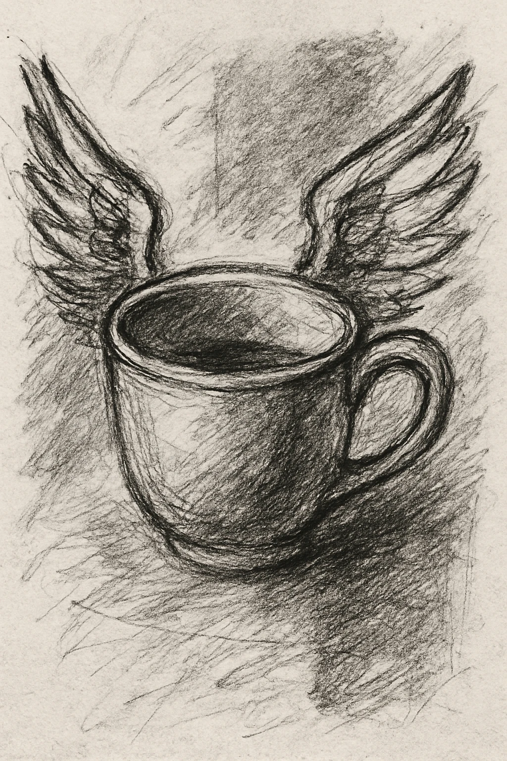 a cup with wings, pencil sketch style, as if drawn in a sketchbook emoji
