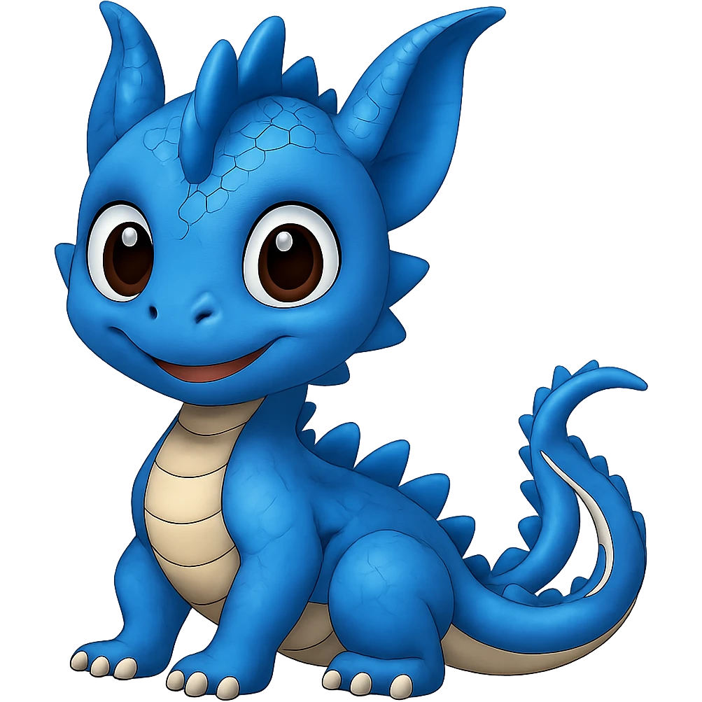 Make the smiling baby dragon blue in the style of Apple emojis with no background. Preserve the original Apple emoji style and details. emoji