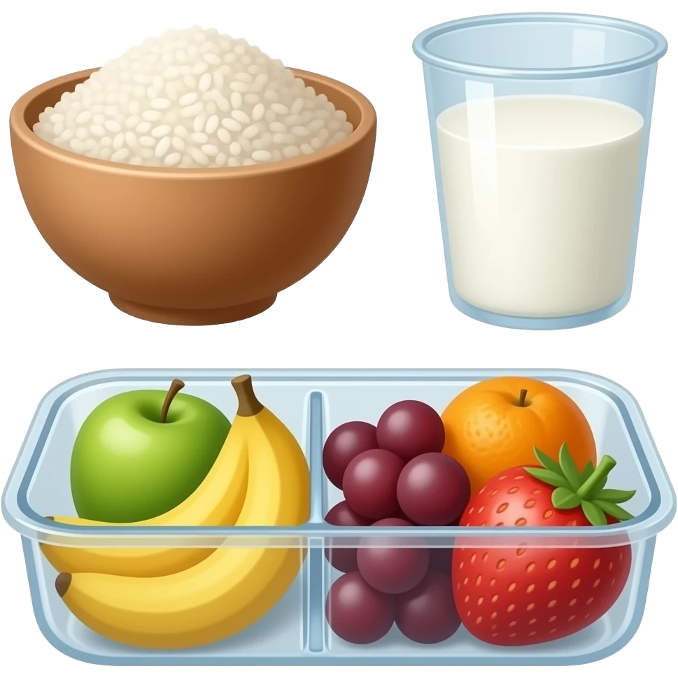 A ceramic bowl containing rice, a glass lunch box containing fruits, and a pp plastic cup containing milk. emoji