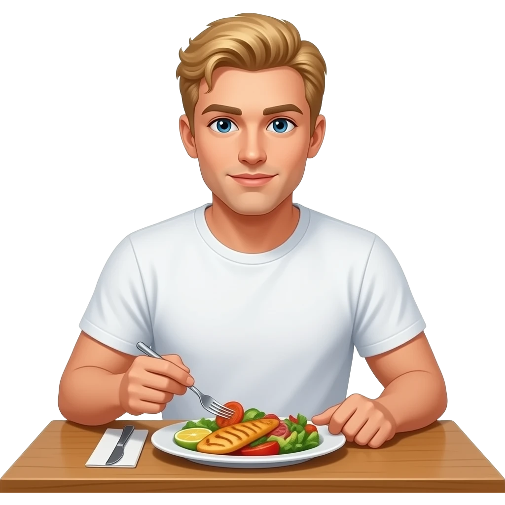 blonder man in t-shirt sitzt am restaurant tisch und isst ganzer körper emoji