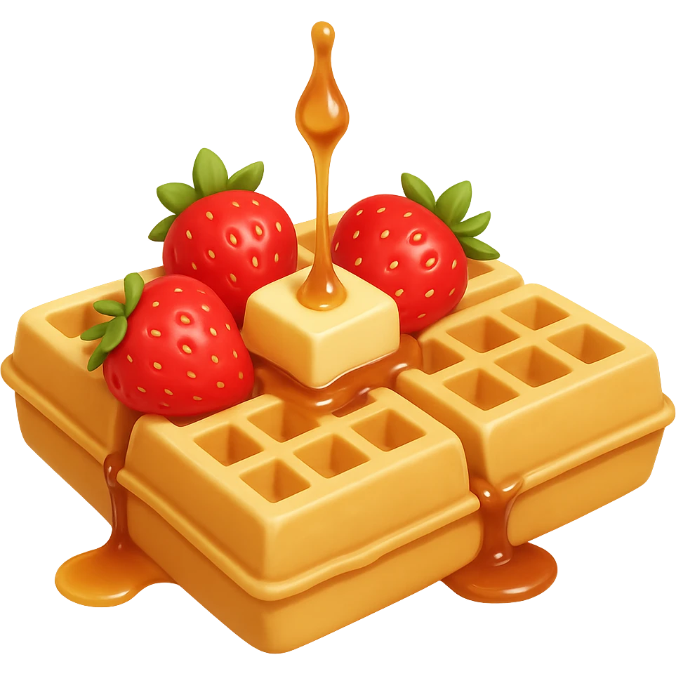 Add fresh strawberries on top of the golden waffle, keep the melting butter and maple syrup drizzle. Use soft lighting and minimal shadows. The style should resemble emoji style with no background. emoji