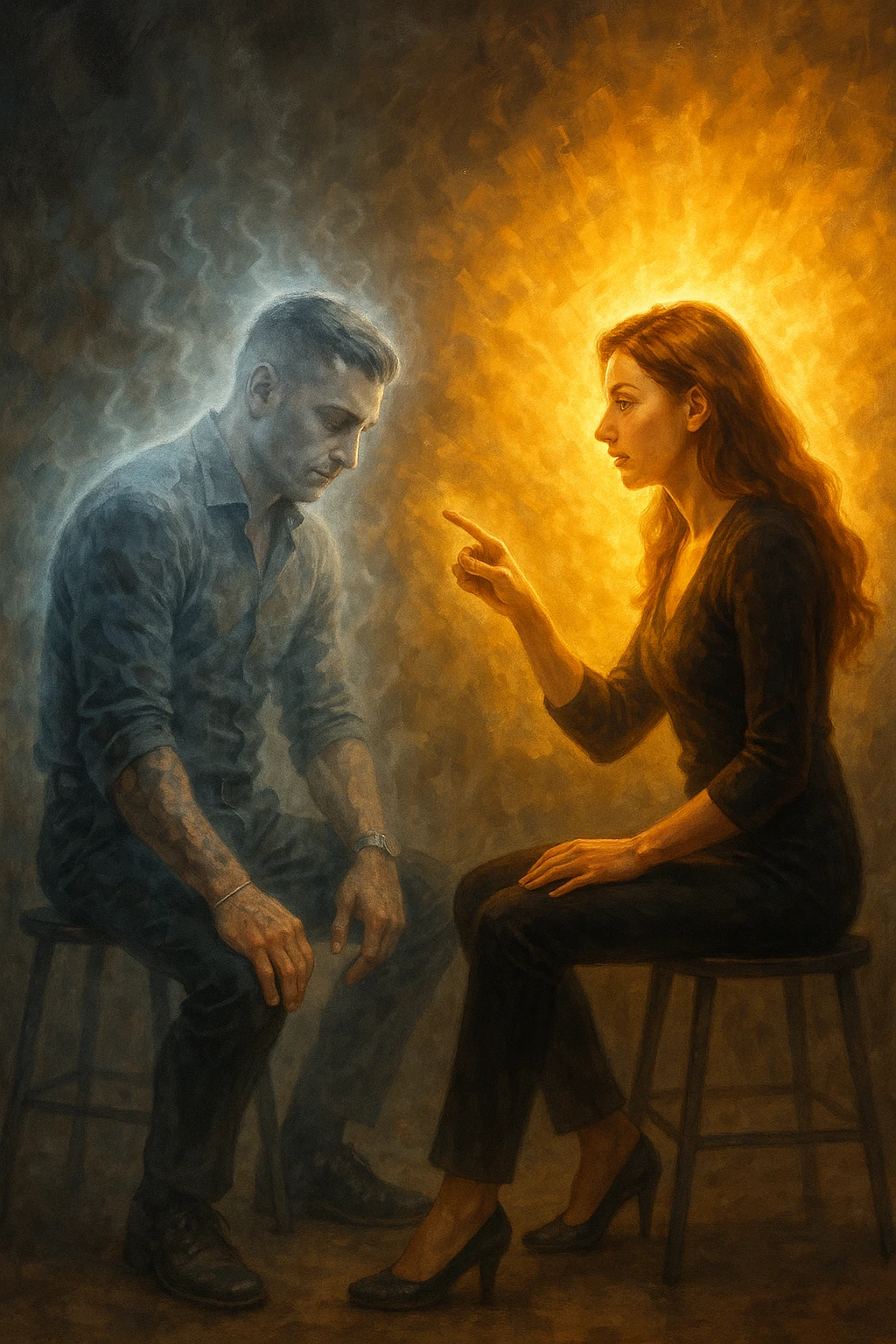 Man receiving advice from a woman, symbolically losing masculine energy, his aura fading while hers shines. Conceptual composition, two seated figures, emotional tension, abstract background." emoji