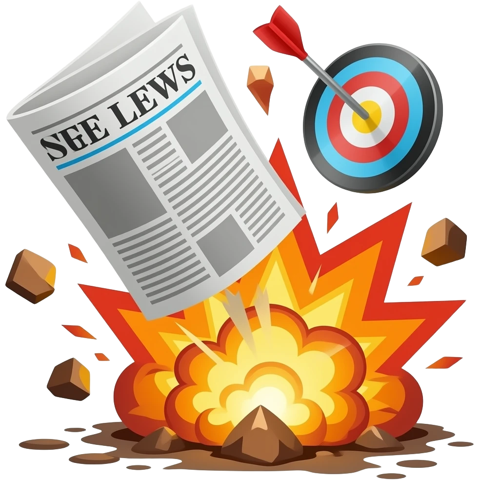 Rolled newspaper flying and striking and causing a growing explosion emoji