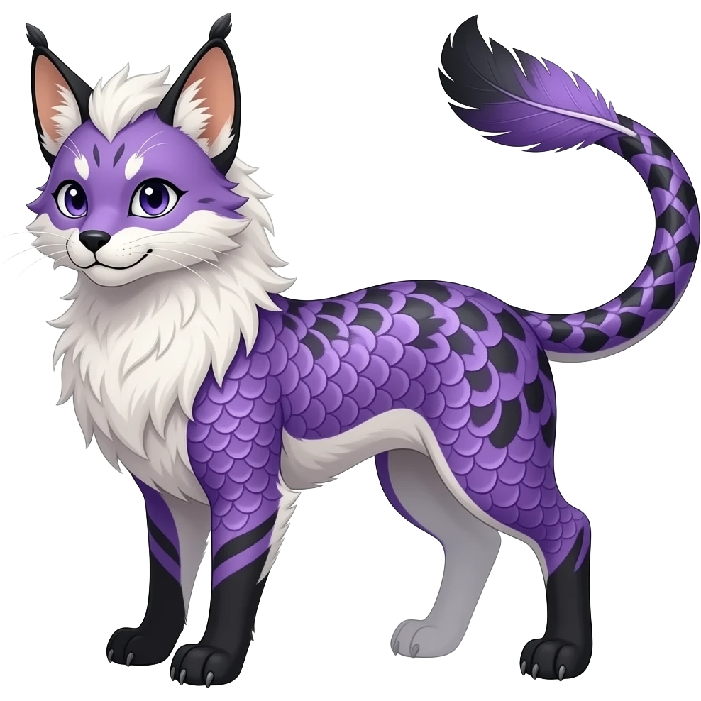 Gingham-patterned Slim stylish feather-maned elegant realistic Asian Furry, feathery fluffy tropical flecked painted feathery scaly, Purple, white, black, Minccino-Bambino-Lykoi-Linoone-Zangoose-fusion-hybrid-animal-Fakémon-creature, full body, thin long sleek scaly tail, intricate markings emoji