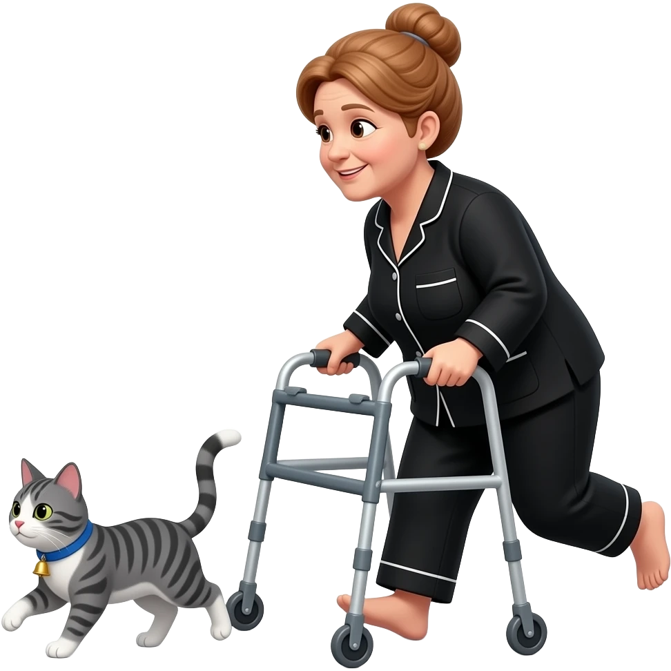 Tiny emoji, Middle aged, a little heavy set, d, light auburn hair in a bun, woman in  black pajamas using walker, chasing after a grey and white tabby cat with a blue collar and bell emoji
