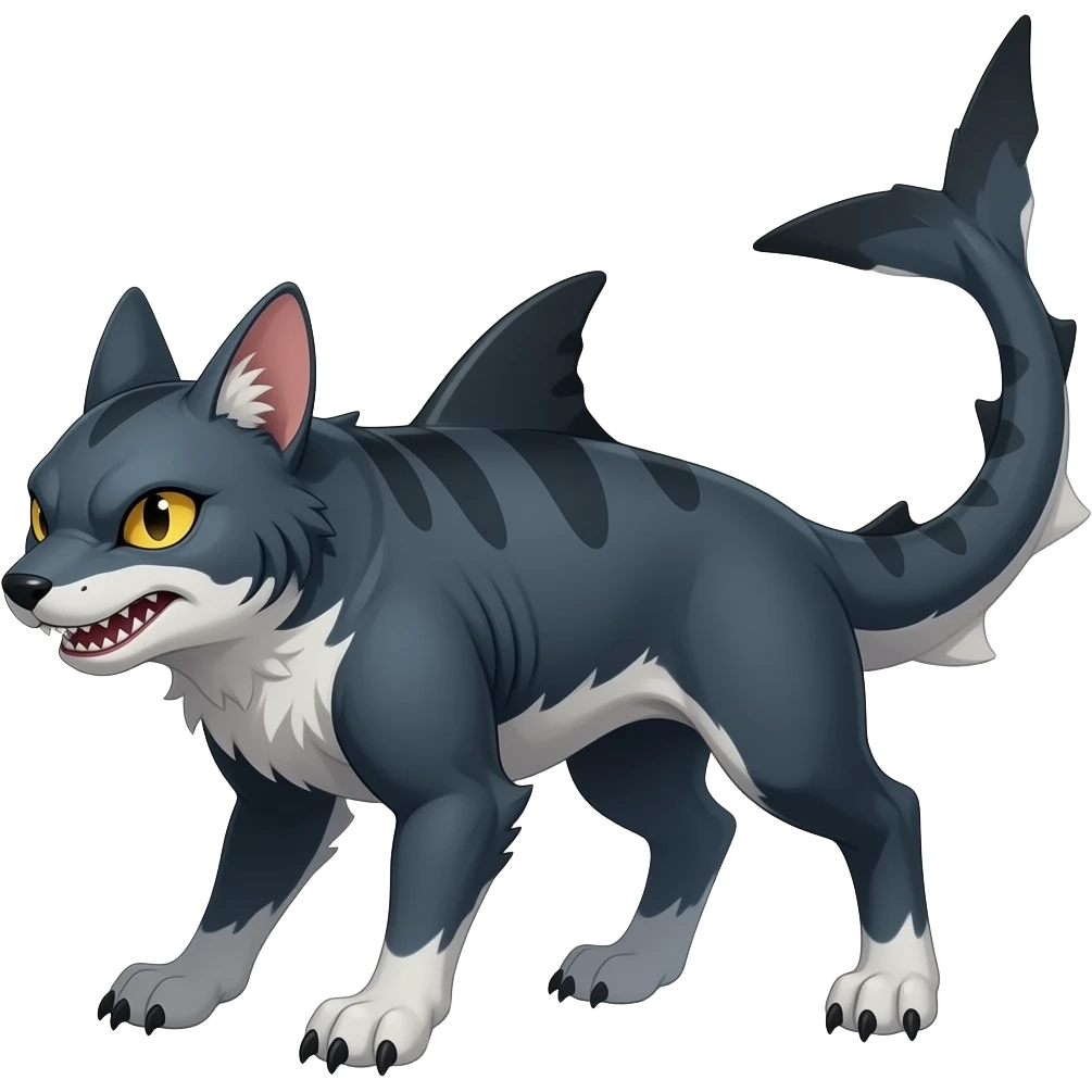 4-legged digitigrade dark badass edgy earless landhai-Latias-Latios-carvanha-sharpedo-sergal-houndoom-Manectric-hybrid-fusion-creature, with a long shark tail behind, full body emoji