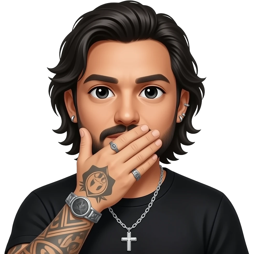 The handsome, manly Latino podcast host with black colored eyes wearing black with silver jewelry, with medium length hair, a pretty long lightly graying beard and tattoos, his ear pierced and right nostril as well, covering his mouth with one hand emoji