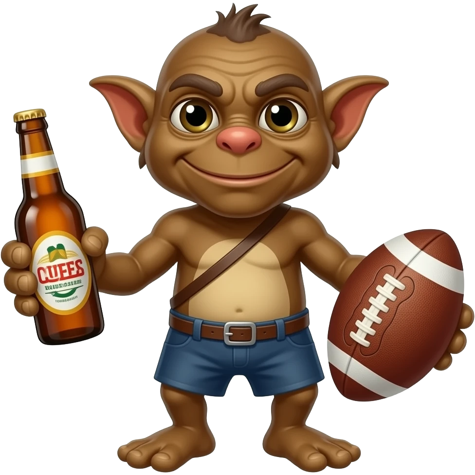 Gremlins marrons  avce une bouteille de bière à la mains et un ballons de rugby emoji