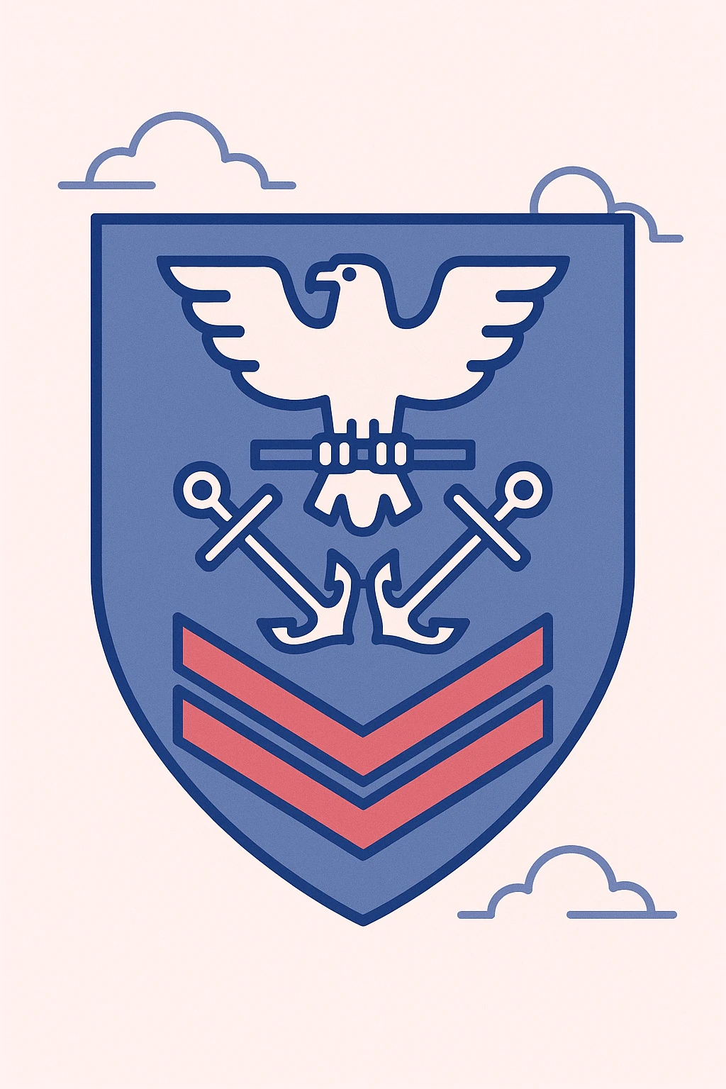 blue shield insignia with a white eagle holding a bar at the top, crossed white anchors below the eagle, and four red chevrons at the bottom, military rank badge style emoji