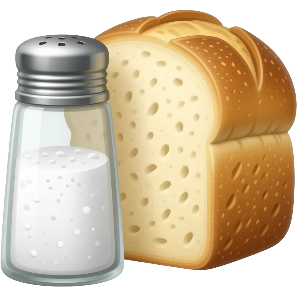 cinematic - a bottle of salt (salt shaker) and a loaf of peasant bread - still life composition vintage emoji