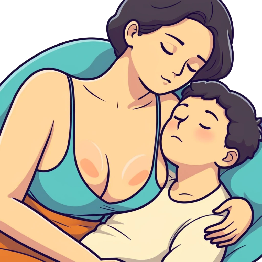 A boy rests his face against his mother's large breasts  emoji