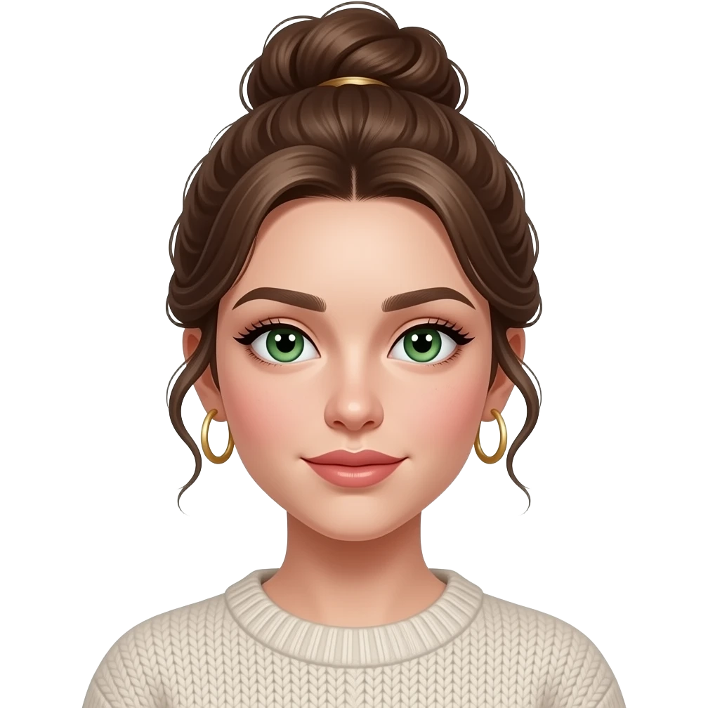 fille cheveux châtains 18 ans, yeux verts, cheveux en chignon haut ondulés,maquillage, botox, pull, anneaux dorés aux oreilles emoji