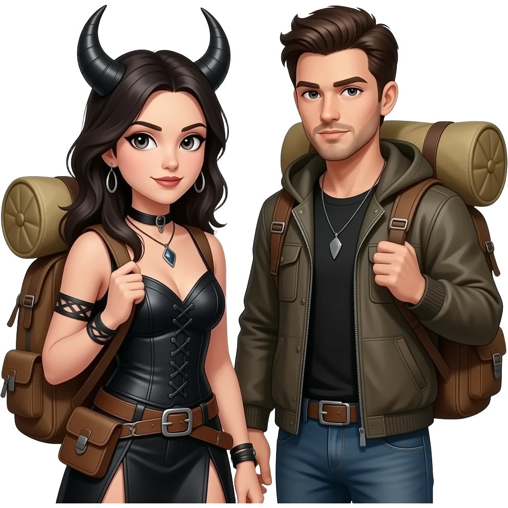Gothic sexy dark namad female and male traveler with bag over theirs shoulders close up emoji