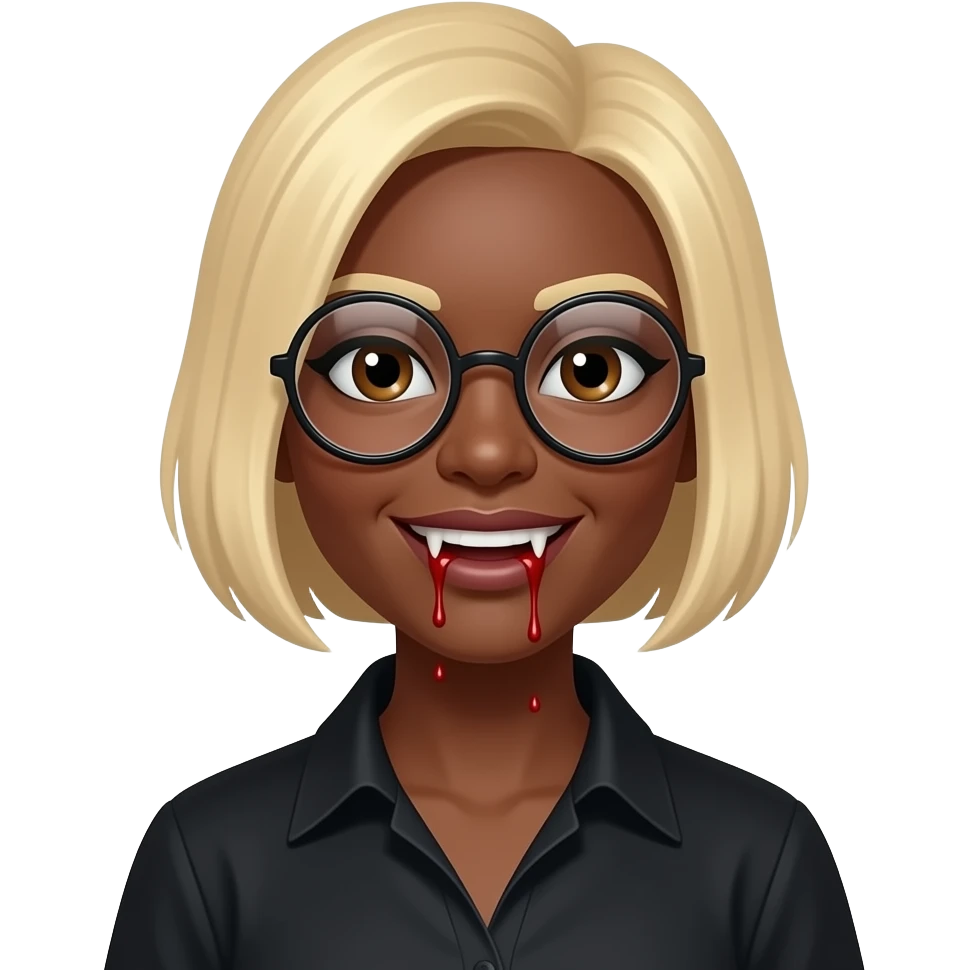 women blond short hair, black skin, round glasses, brown eyes, black shirt,  dracula teeth with blood on the fangs emoji