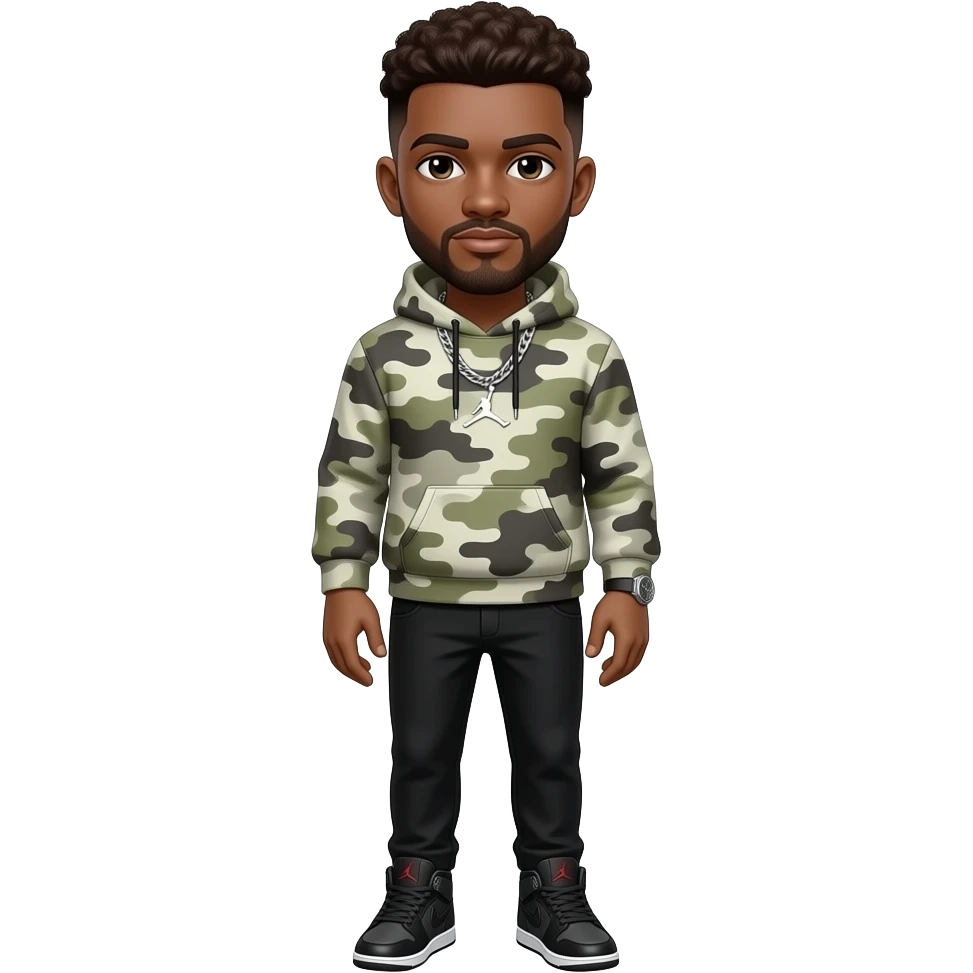 Make a brown skin colored man with fluffy brown low taper fade with a light camouflage hoodie with black pants with black Jordan 4’s with a silver chain and watch emoji