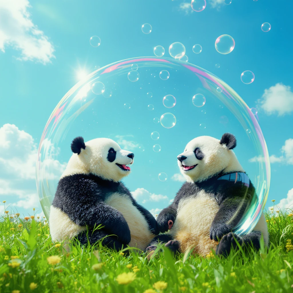 Cinematic still pandas bears sitting inside bubbles flying, blue sky background, sunny summer day, happy vibe, minimalisic, emoji