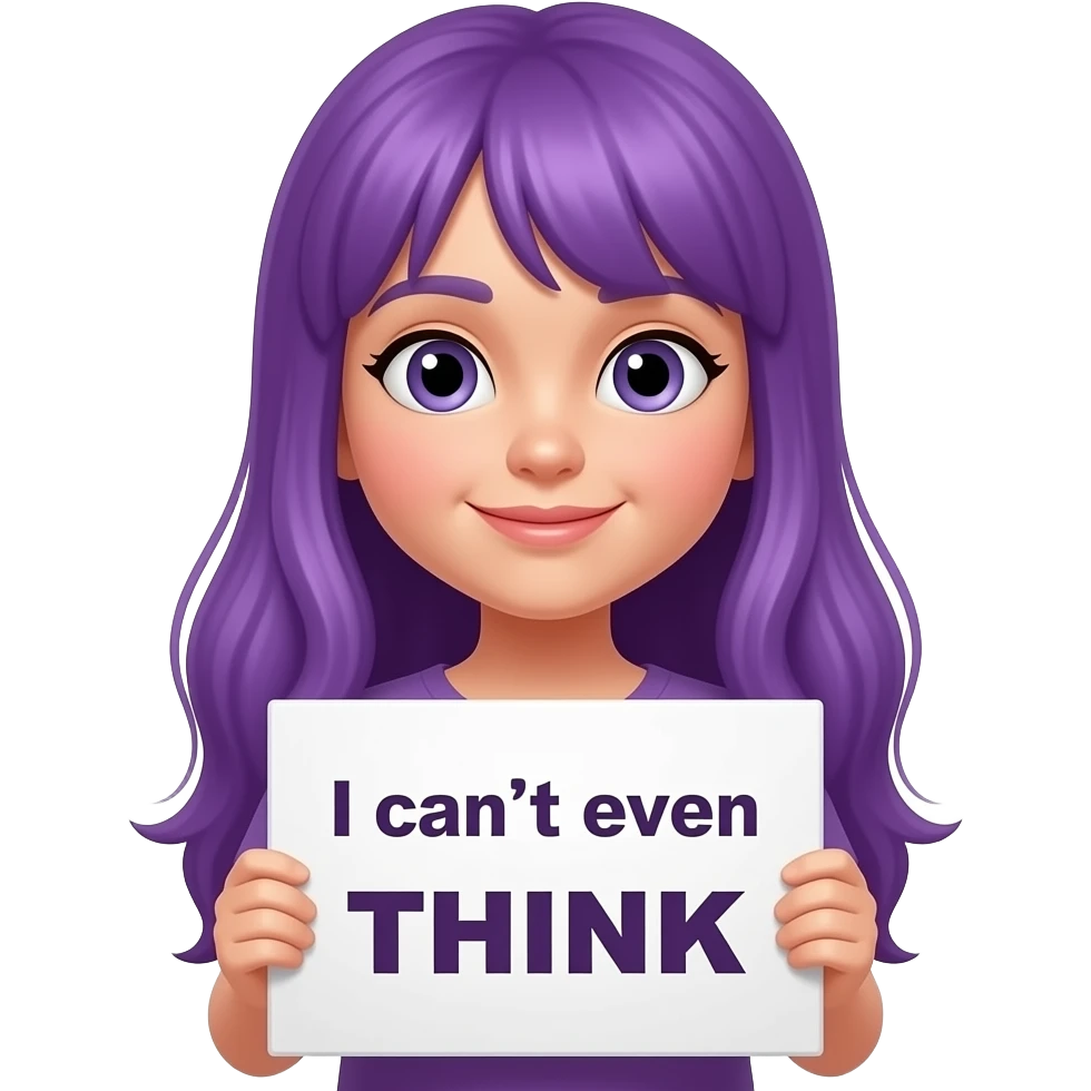 girl with long purple hair holding a I can't even THINK sign emoji
