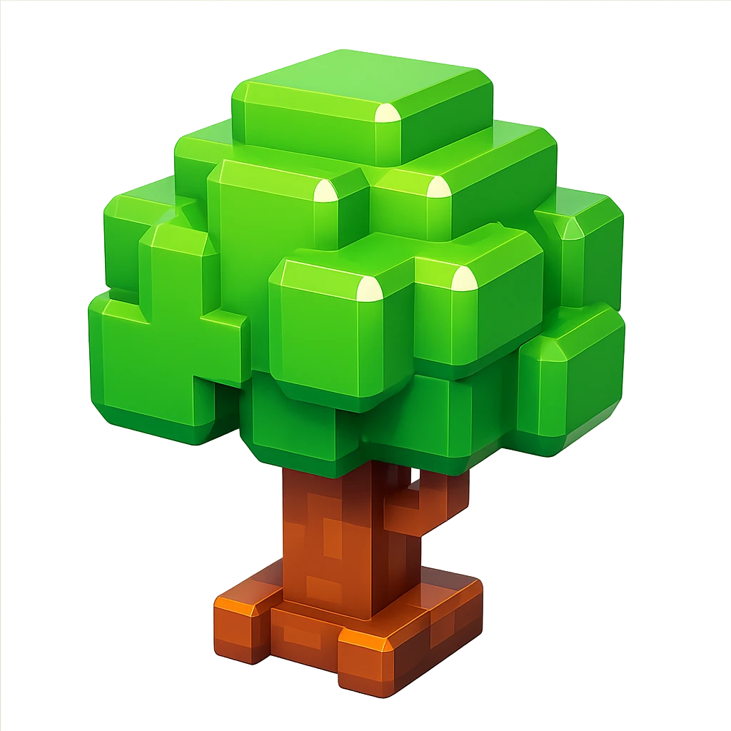 A voxel-style tree with green leaves and a brown trunk, vibrant colors, simple geometric shapes, and a glossy finish emoji
