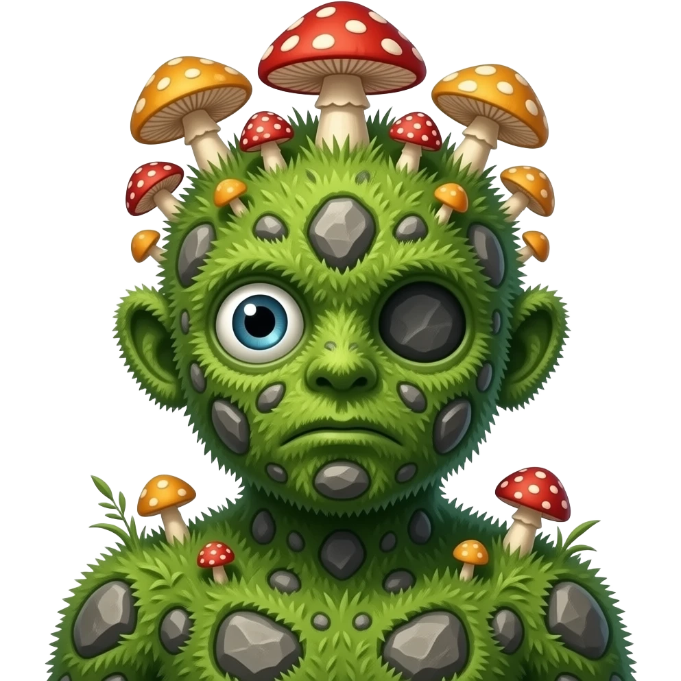A humanoid thing with grass on it with rocks on it different mushroom growing on its head with no ears no mouth one single eye full body emoji