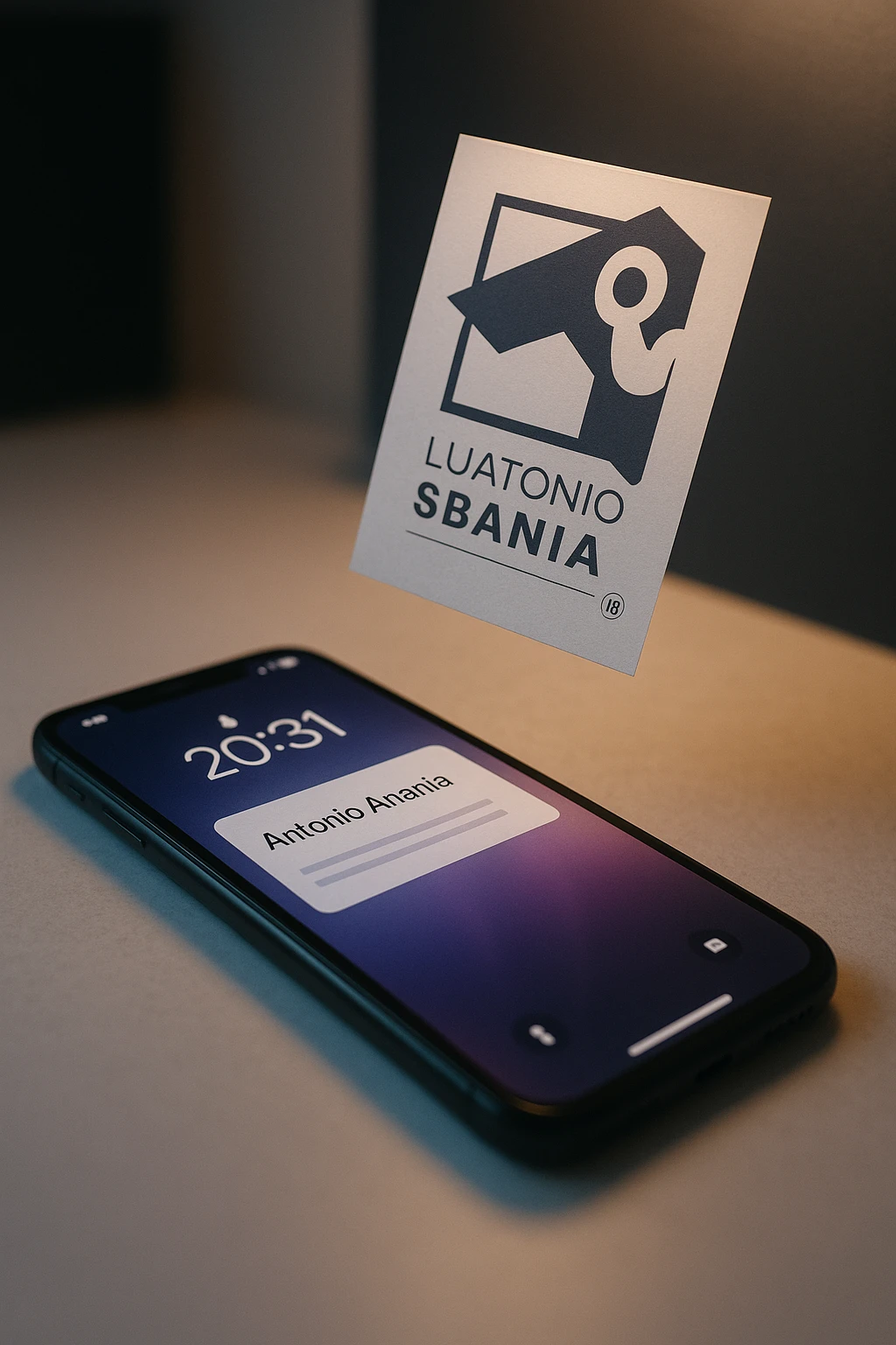 A photo of an iPhone with the message "Antonio Anania" on its screen, hovering over it is another document floating in mid-air, both surrounded by soft light and shadow. The phone sits atop a desk with a blurred background that suggests work environment. A faint glow from above casts gentle shadows across the surface of each object, creating depth and highlighting their textures. emoji