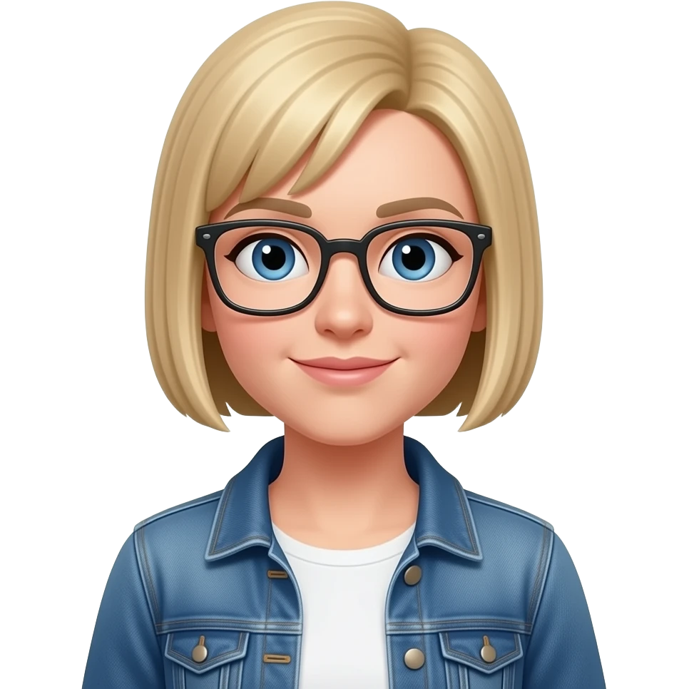hyperrealist caucasian square cut blonde hair blue eyes squared glasses,white top jean jacket emoji