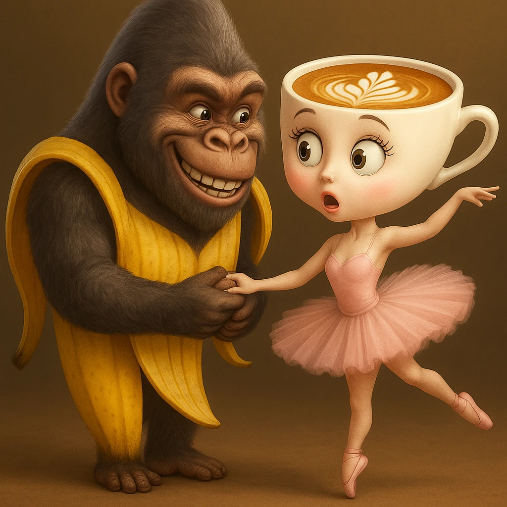 Edit the image to make the ballerina coffee cup character surprised and the gorilla-banana character mischievous, keeping their original style, outfits, and colors exactly as in the reference image. emoji