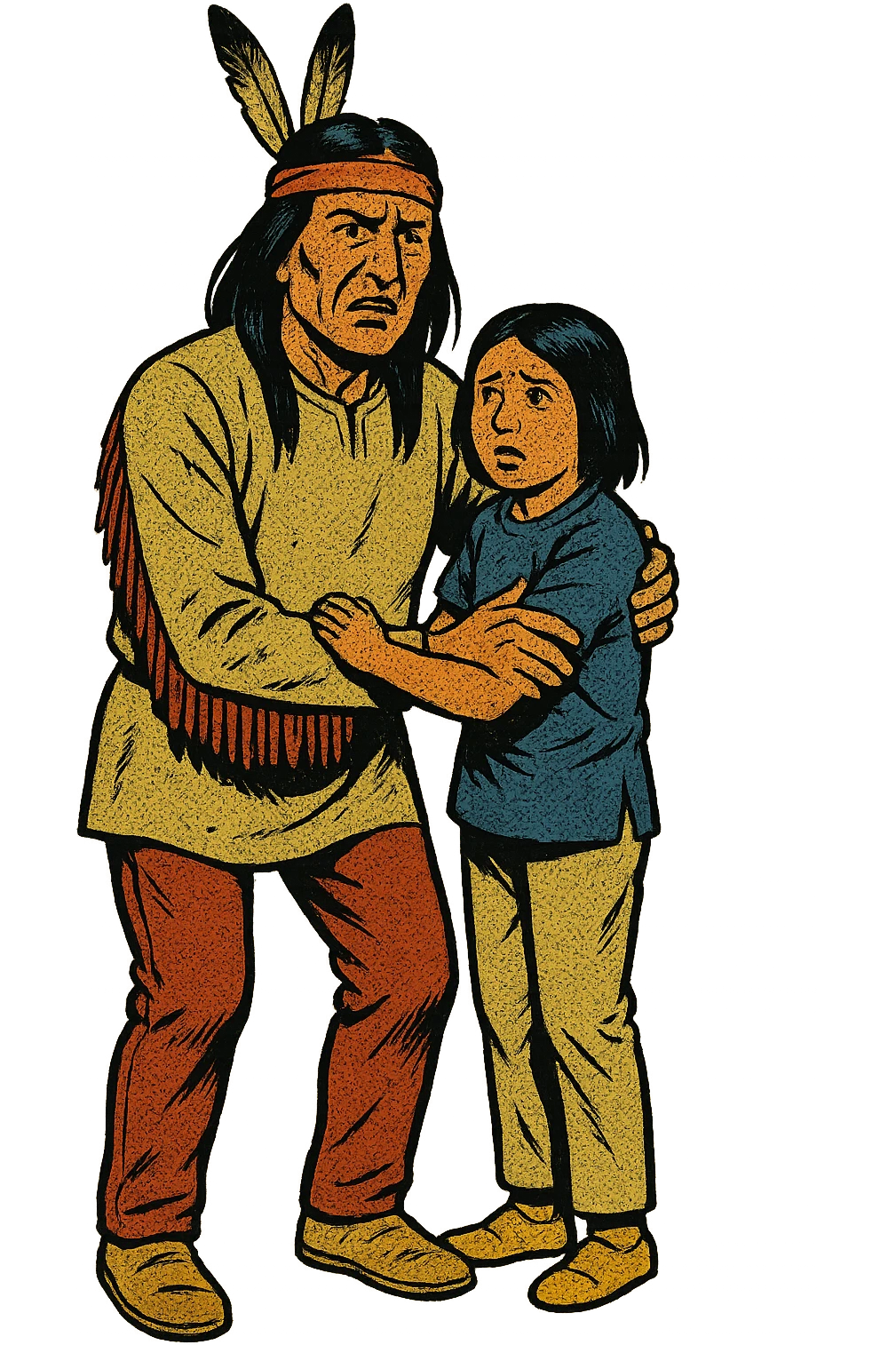 The full body of native American father and his child from the 1870s looking concerned emoji
