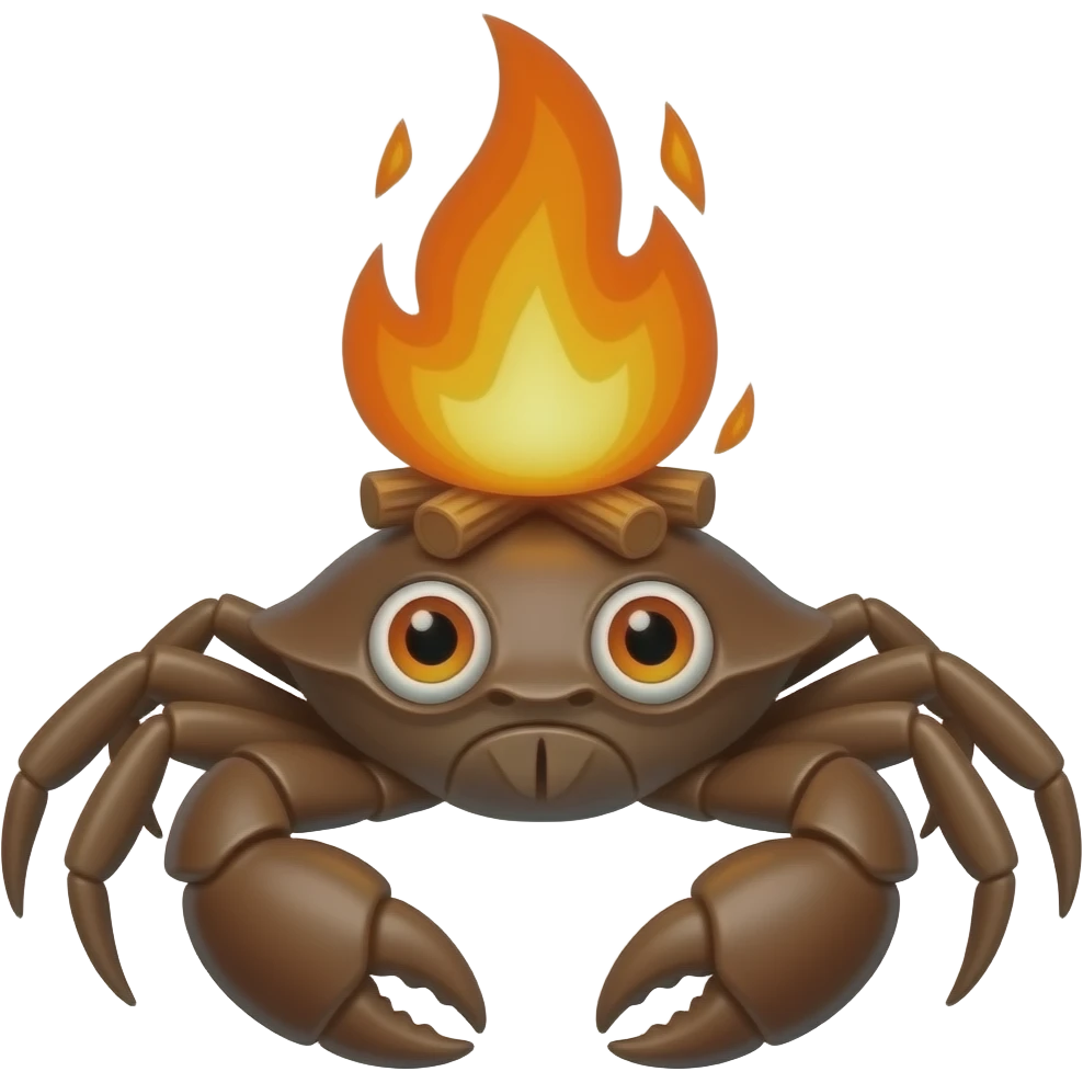 A Brown crab with a fireplace on its back with orange eyes emoji