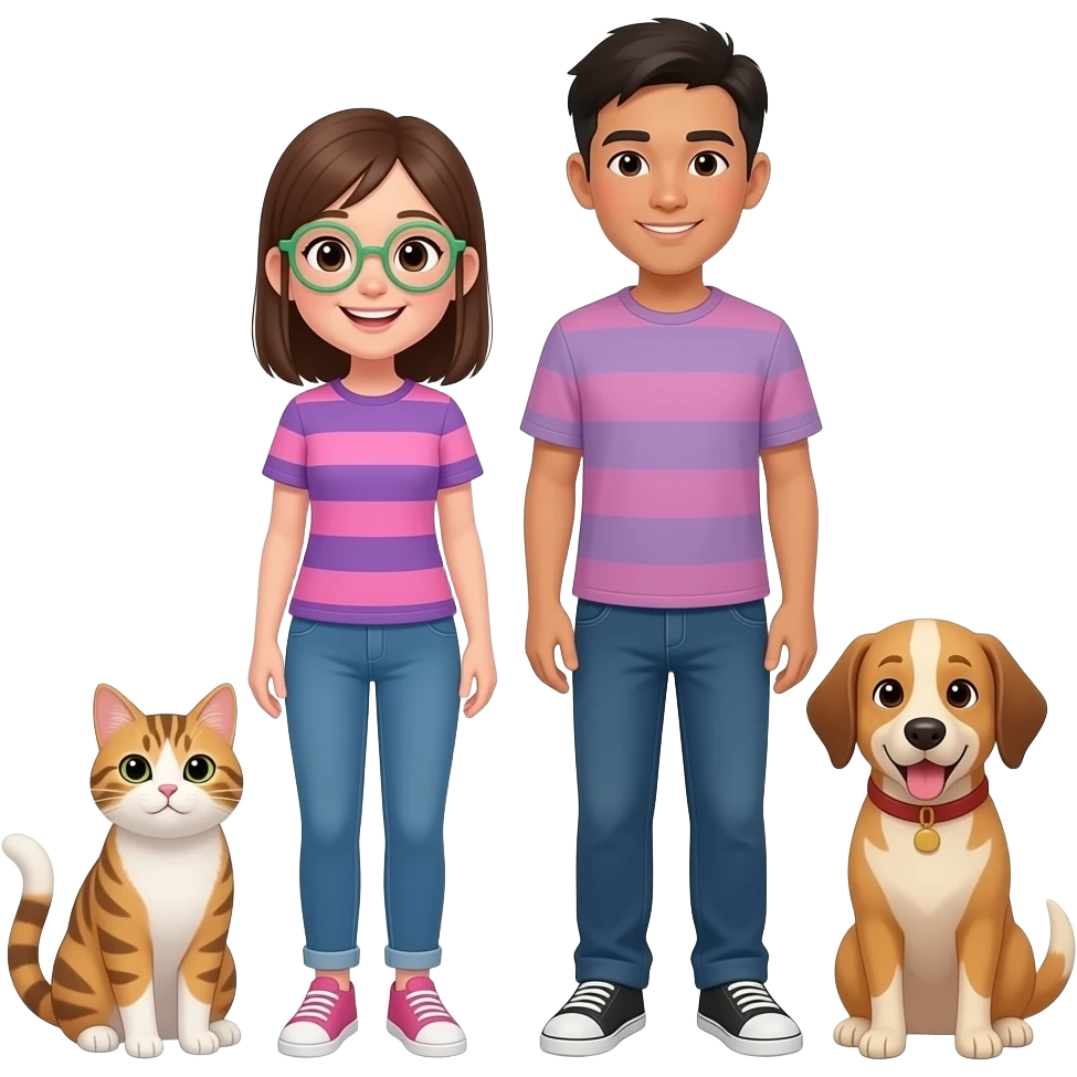 White girl with straight tied up medium brunette hair wearing green-rim circular glasses smiling wearing a pink and purple horizontal t-shirt happy with a cat and dog and Asian brown skin toned boyfriend who are the same height emoji