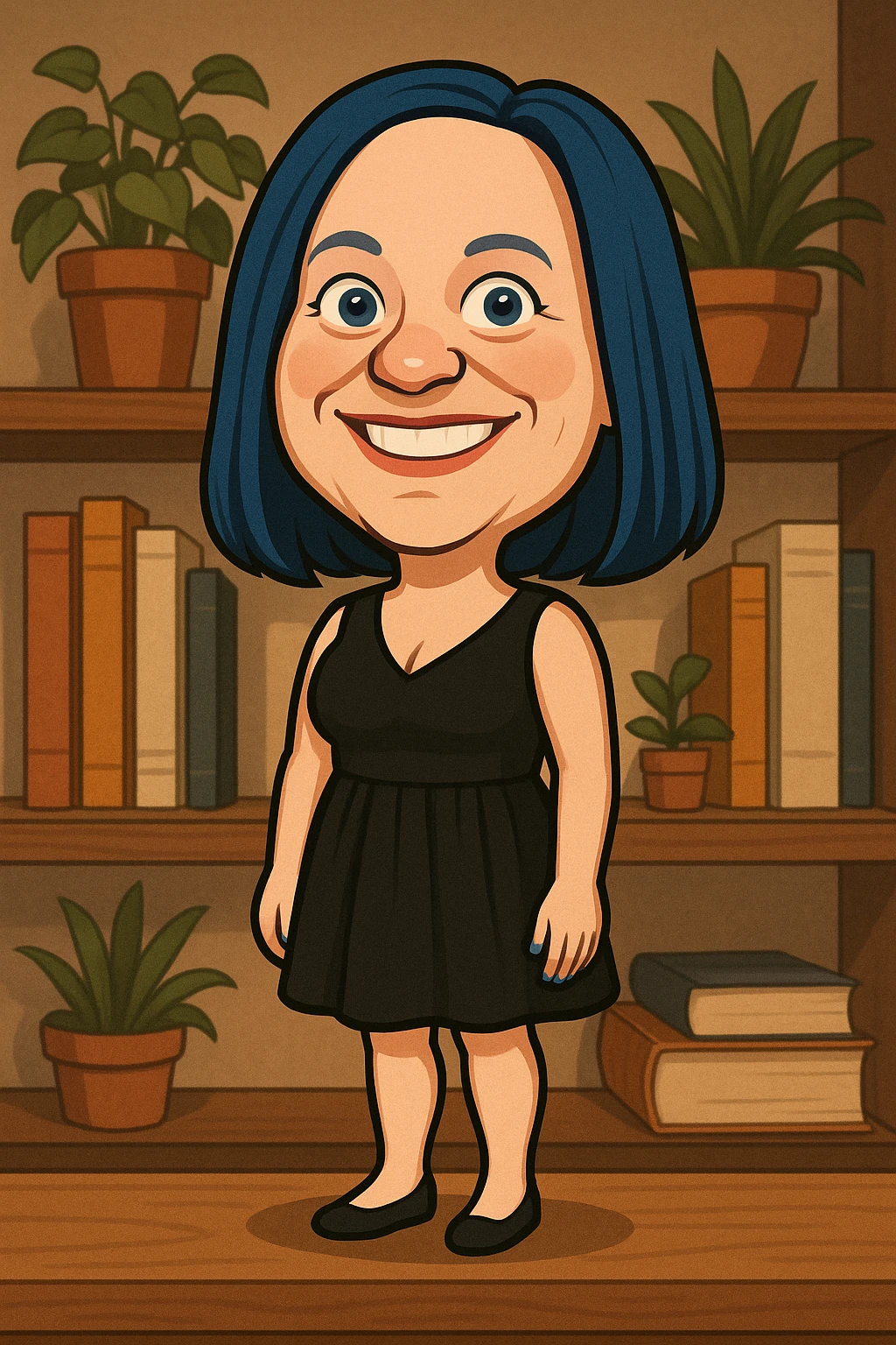 Woman with dark blue hair and blue fingernails standing on a sidewalk emoji