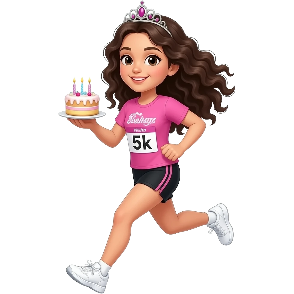 white skin girl with long dark brown curly hair running wearing black shorts, a pink tshirt, white sneakers, tiara, and 5k run bib while holding a mini birthday cake emoji