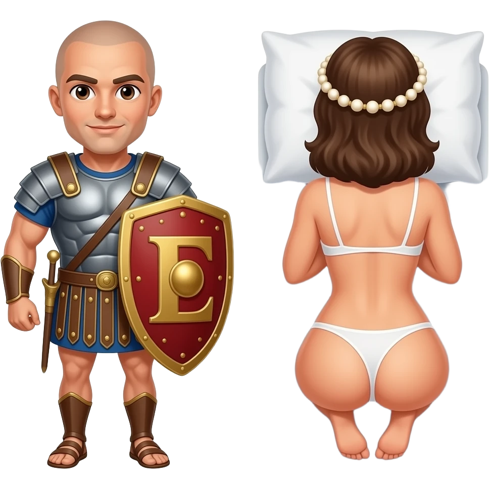 Muscular Roman soldier bald with brown eyes the Letter E on the shield with empress in bed facing away nude ass emoji