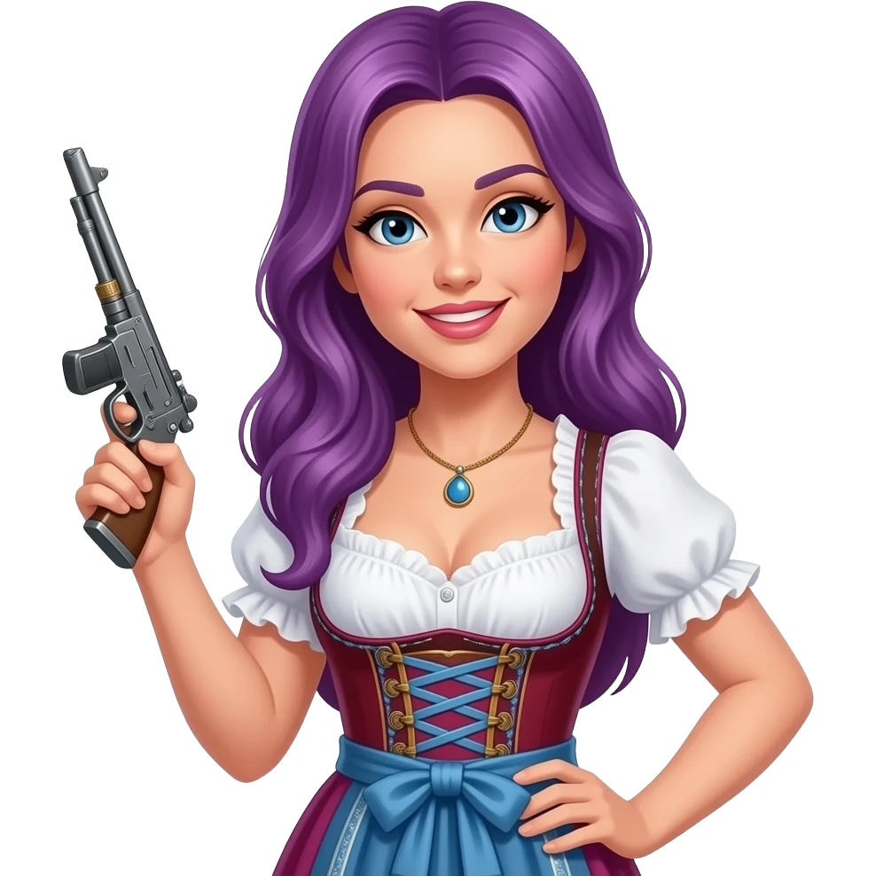 sexy girl with long purple hair wearing a dirndl holding a KARMELITA KRAWALLBÜCHSE sign emoji