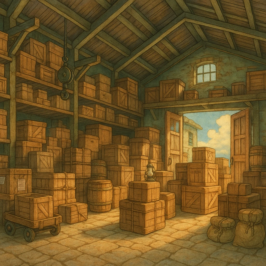 cargo warehouse, ghibli-inspired illustration style emoji