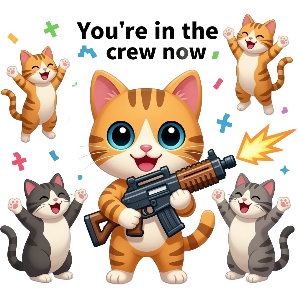 1 kitten, oversized pixelated weapon, 8-bit retro style, sticker, big happy eyes, bigger cats around cheering, sprite celebration TEXT: "You're in the crew now" emoji